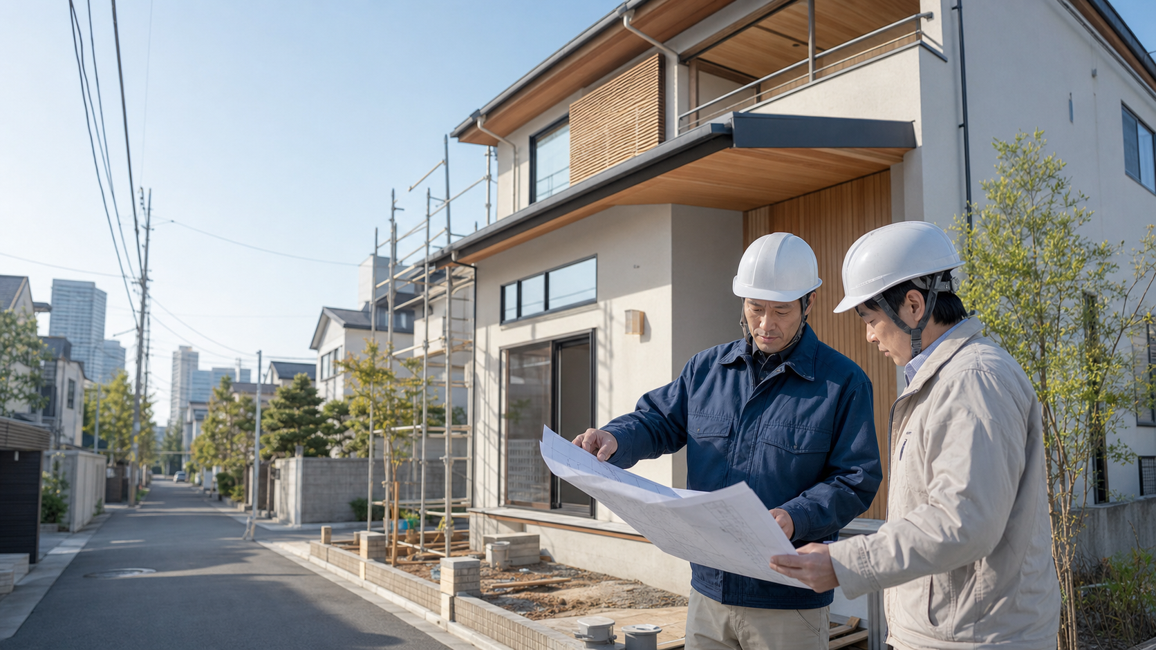 住宅工事の現場で図面を確認する建設スタッフ