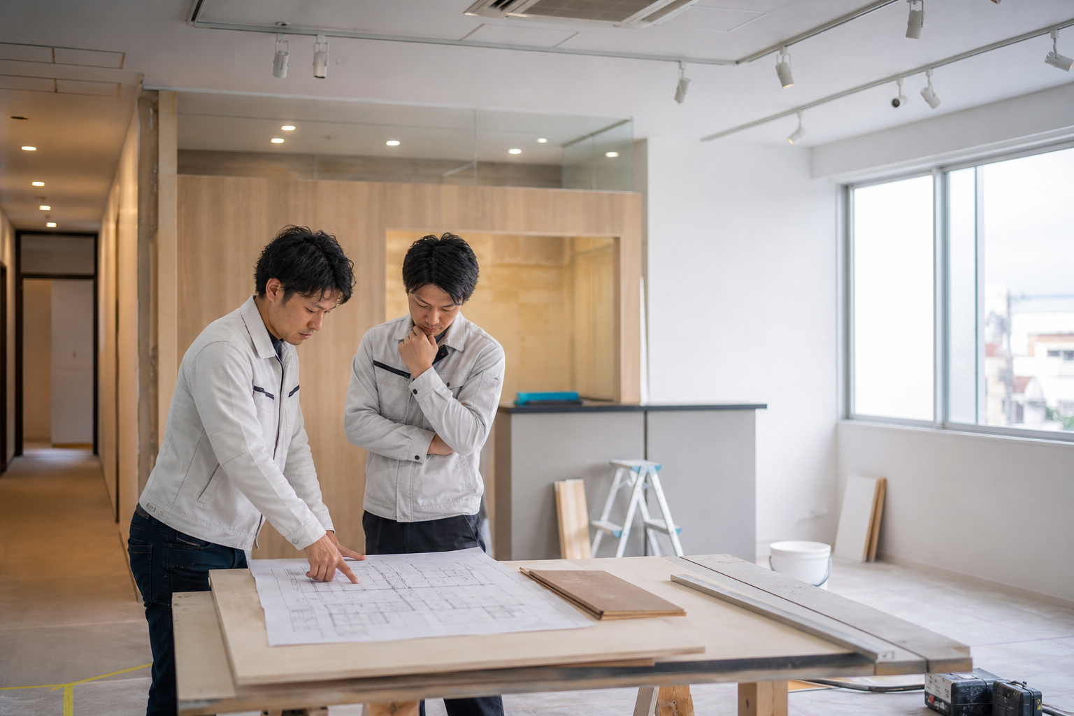 店舗内装の現場で図面を確認するスタッフ