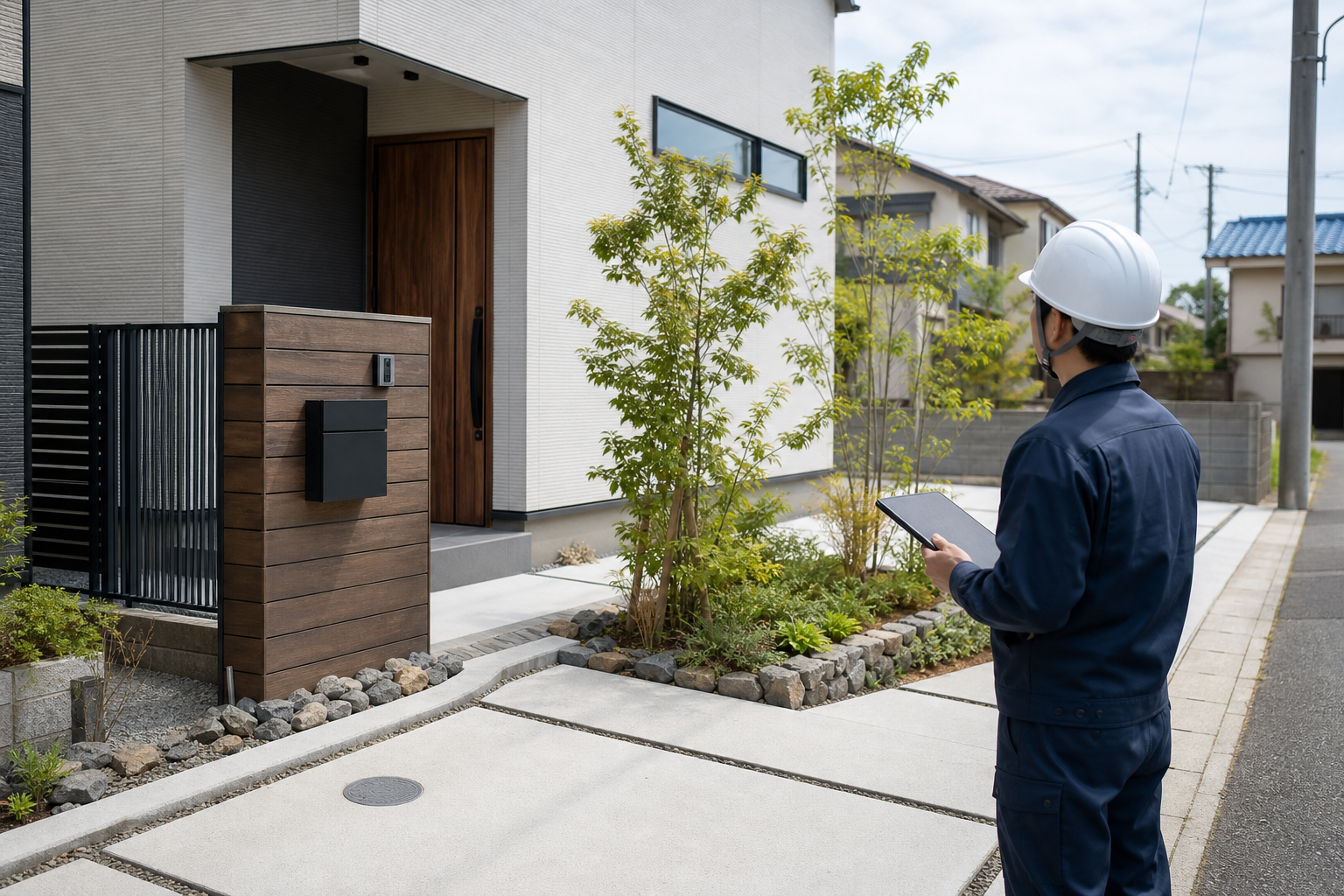 住宅外構を確認する建設スタッフ
