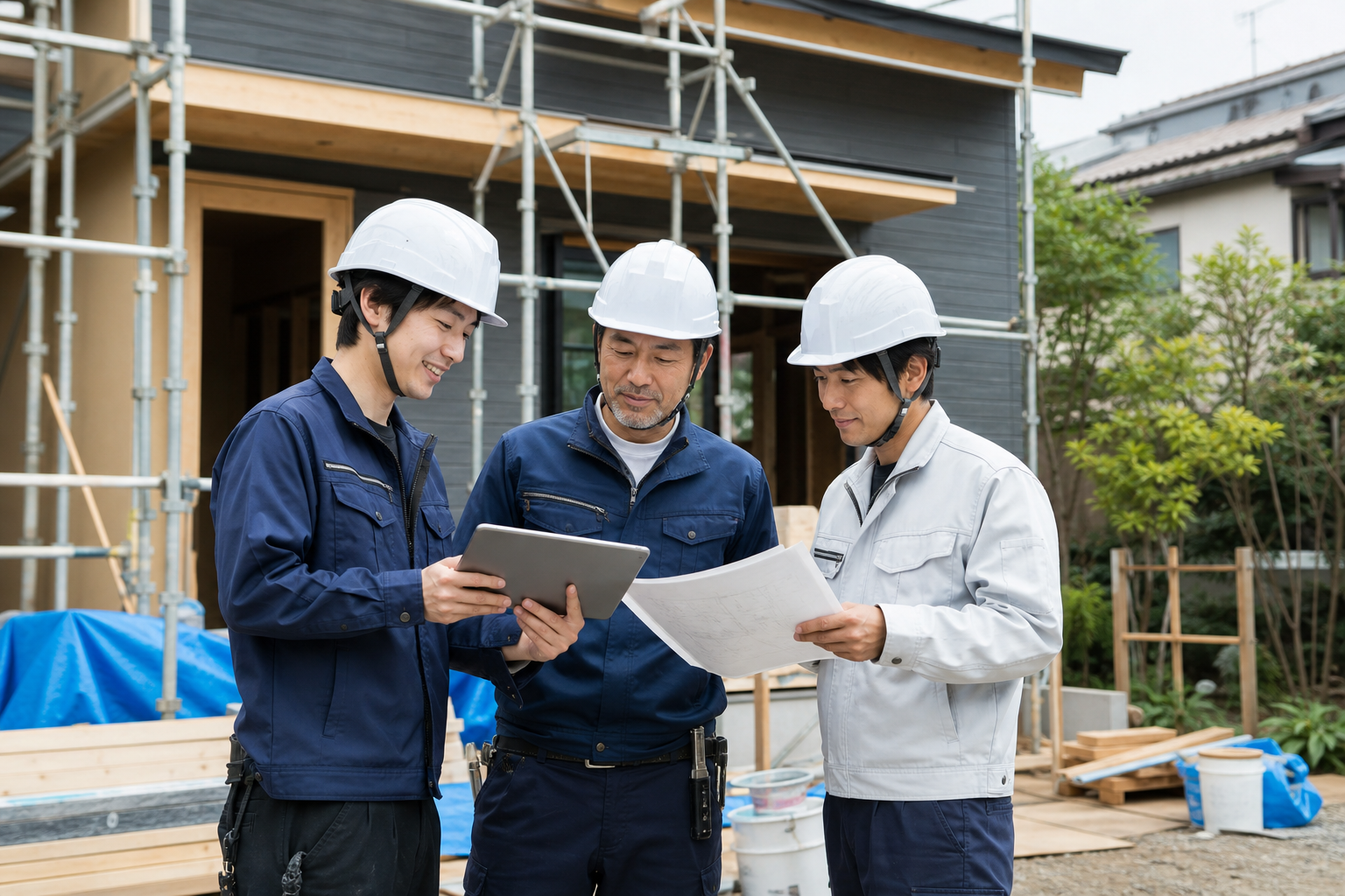 住宅工事現場で打ち合わせをする建設スタッフ