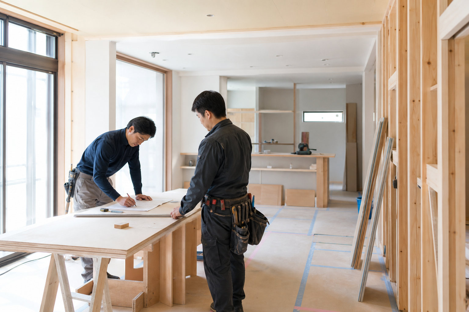 住宅リフォーム現場で図面を確認する職人